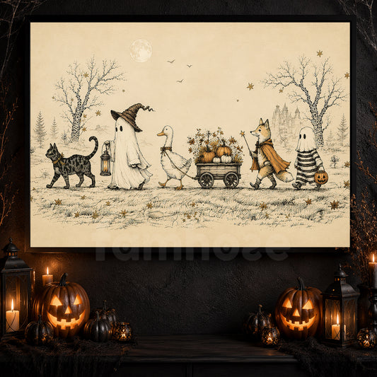 Vintage Halloween Trick Or Treat Canvas Painting, Ghost Cat Fox And Duck Spooky Season Wall Art Decor, Halloween Poster Gift