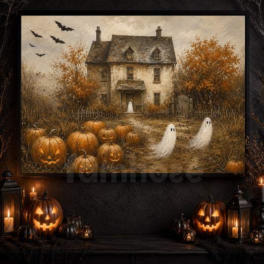 Vintage Halloween Ghost Pumpkin Canvas Painting, Haunted Autumn House Spooky Season Wall Art Decor, Halloween Poster Gift For Ghost Lover