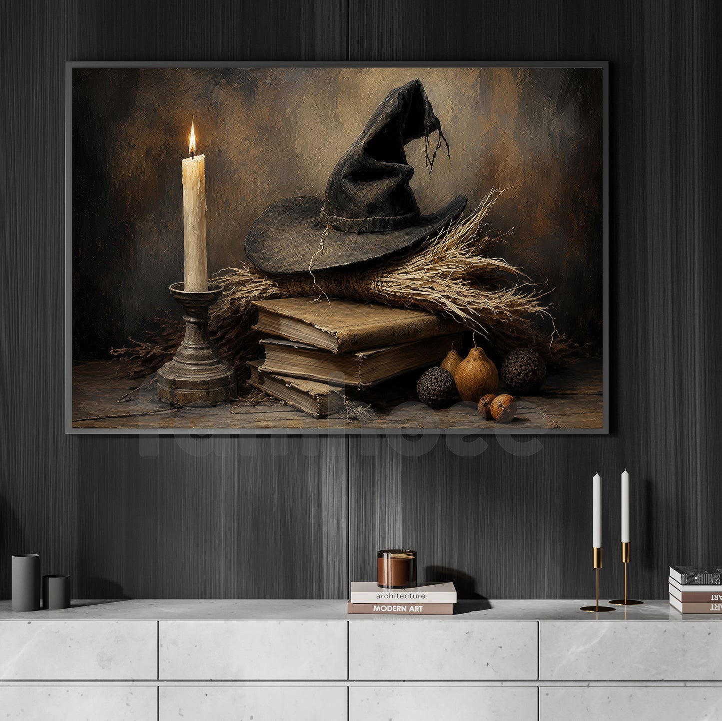 Halloween Witch Hat Canvas Painting, The Witch’s Study Spooky Season Wall Art Decor, Halloween Poster Gift For Witch Lover