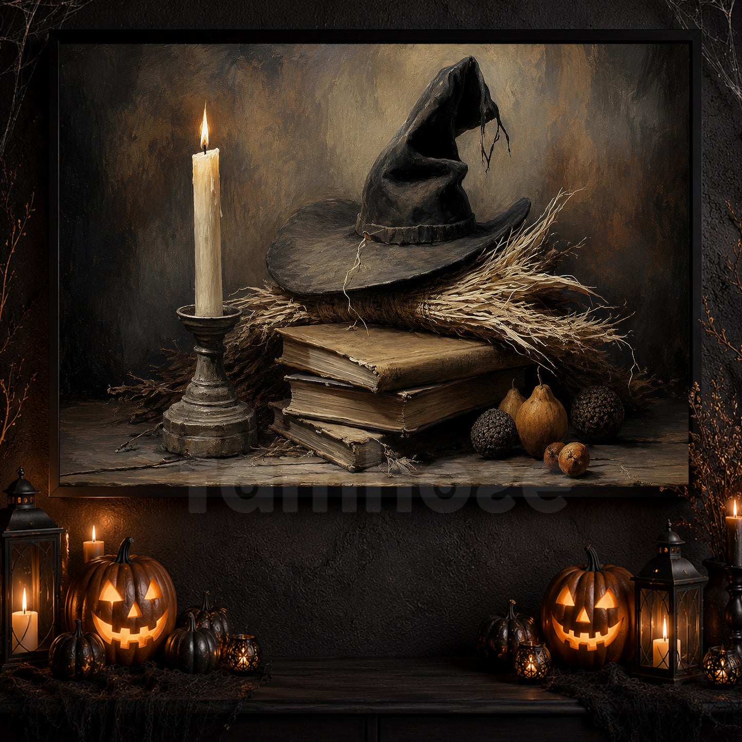Halloween Witch Hat Canvas Painting, The Witch’s Study Spooky Season Wall Art Decor, Halloween Poster Gift For Witch Lover