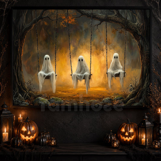 Vintage Halloween Ghost Swing Canvas Painting, The Haunted Playground Spooky Season Wall Art Decor, Halloween Poster Gift For Ghost Lover
