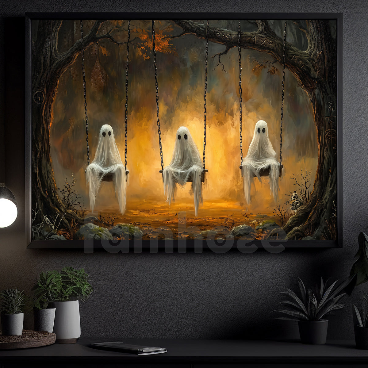 Vintage Halloween Ghost Swing Canvas Painting, The Haunted Playground Spooky Season Wall Art Decor, Halloween Poster Gift For Ghost Lover