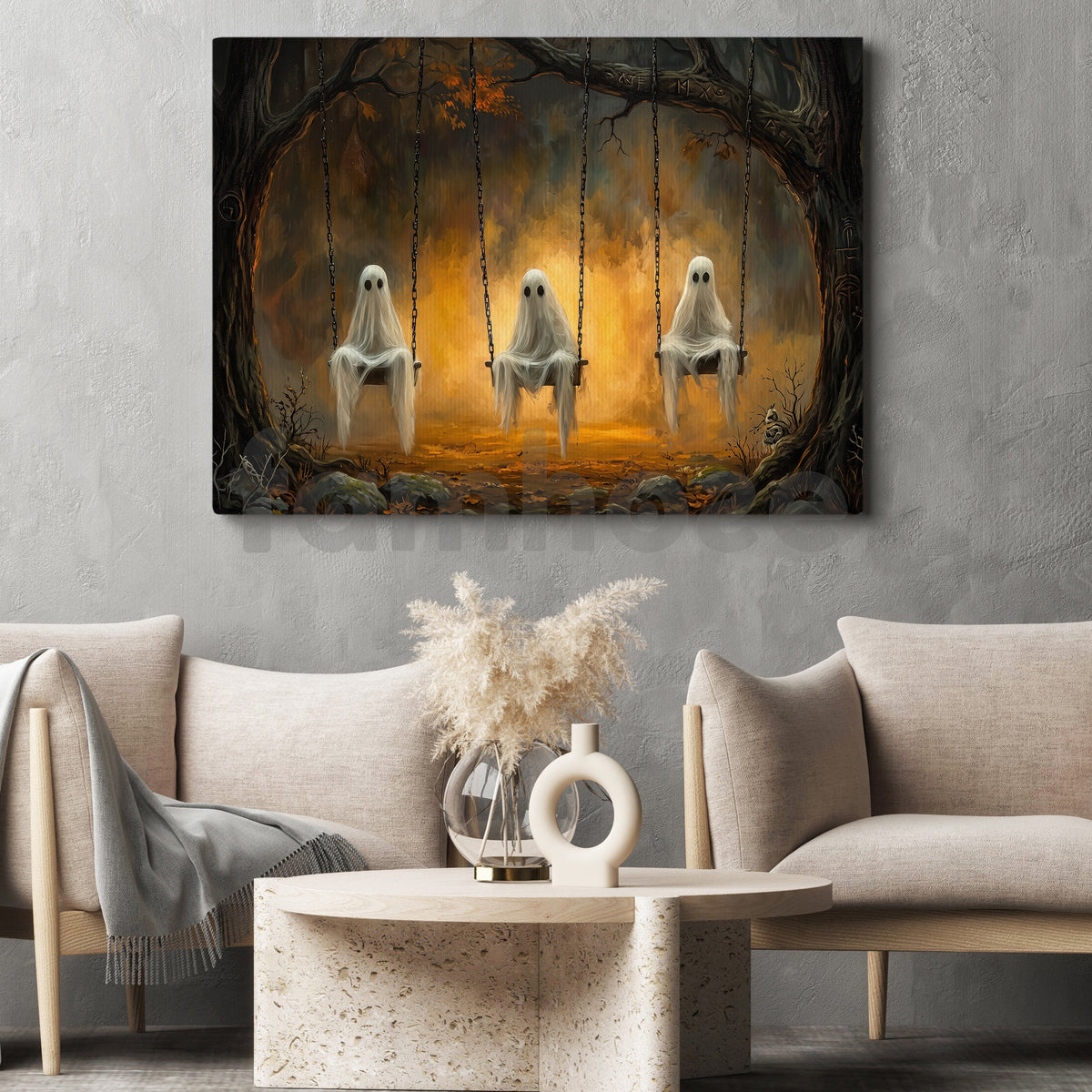 Vintage Halloween Ghost Swing Canvas Painting, The Haunted Playground Spooky Season Wall Art Decor, Halloween Poster Gift For Ghost Lover