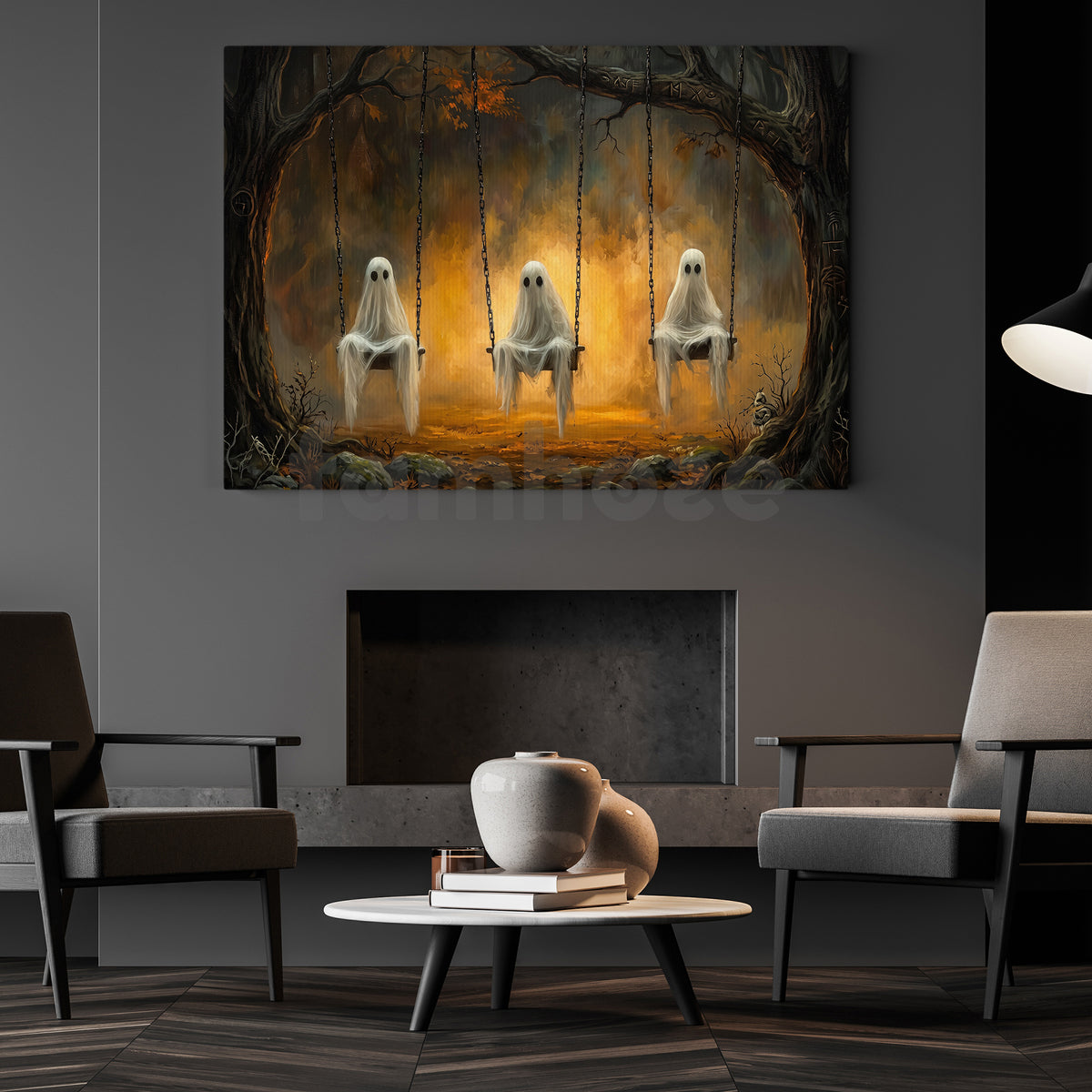 Vintage Halloween Ghost Swing Canvas Painting, The Haunted Playground Spooky Season Wall Art Decor, Halloween Poster Gift For Ghost Lover