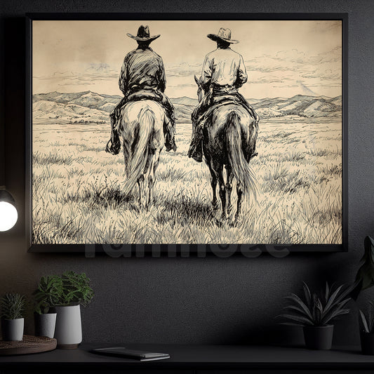 Vintage Western Cowboys Canvas Painting, Horseback Riders Wall Art Decor, Poster Gift For Cowboys