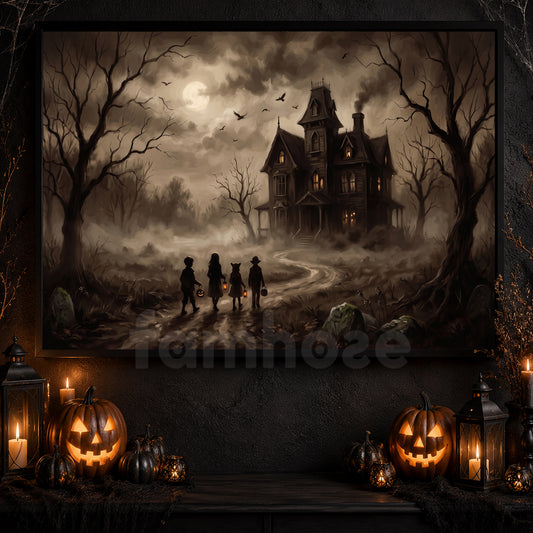 Vintage Halloween Haunted House Canvas Painting, Trick Or Treat At Midnight Spooky Season Wall Art Decor, Halloween Poster Gift