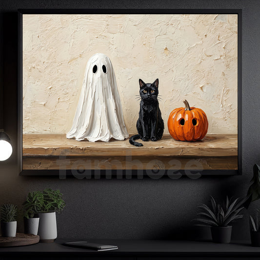 Vintage Halloween Ghost Canvas Painting, Black Cat And Pumpkin Spooky Season Wall Art Decor, Halloween Poster Gift For Cat Lover
