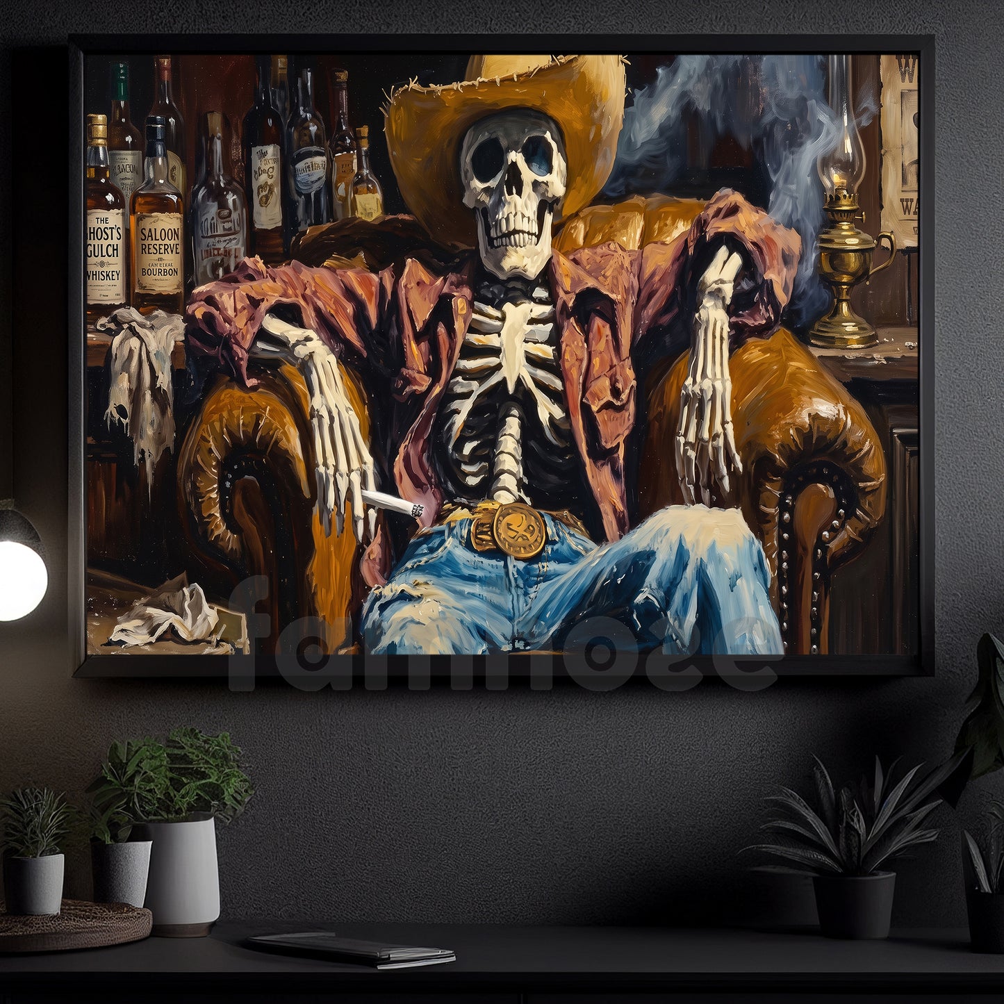 Halloween Cowboy Skeleton Canvas Painting, Western Dead Man’s Saloon Spooky Season Wall Art Decor, Halloween Poster Gift For Cowboys, Skeleton Lover