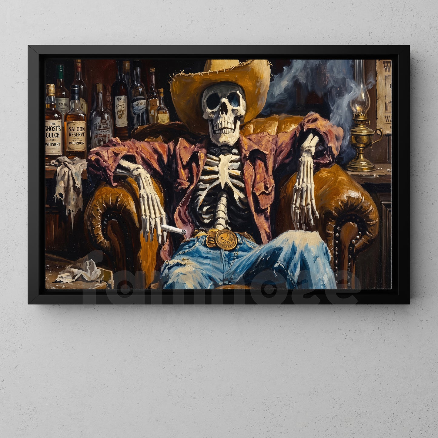 Halloween Cowboy Skeleton Canvas Painting, Western Dead Man’s Saloon Spooky Season Wall Art Decor, Halloween Poster Gift For Cowboys, Skeleton Lover