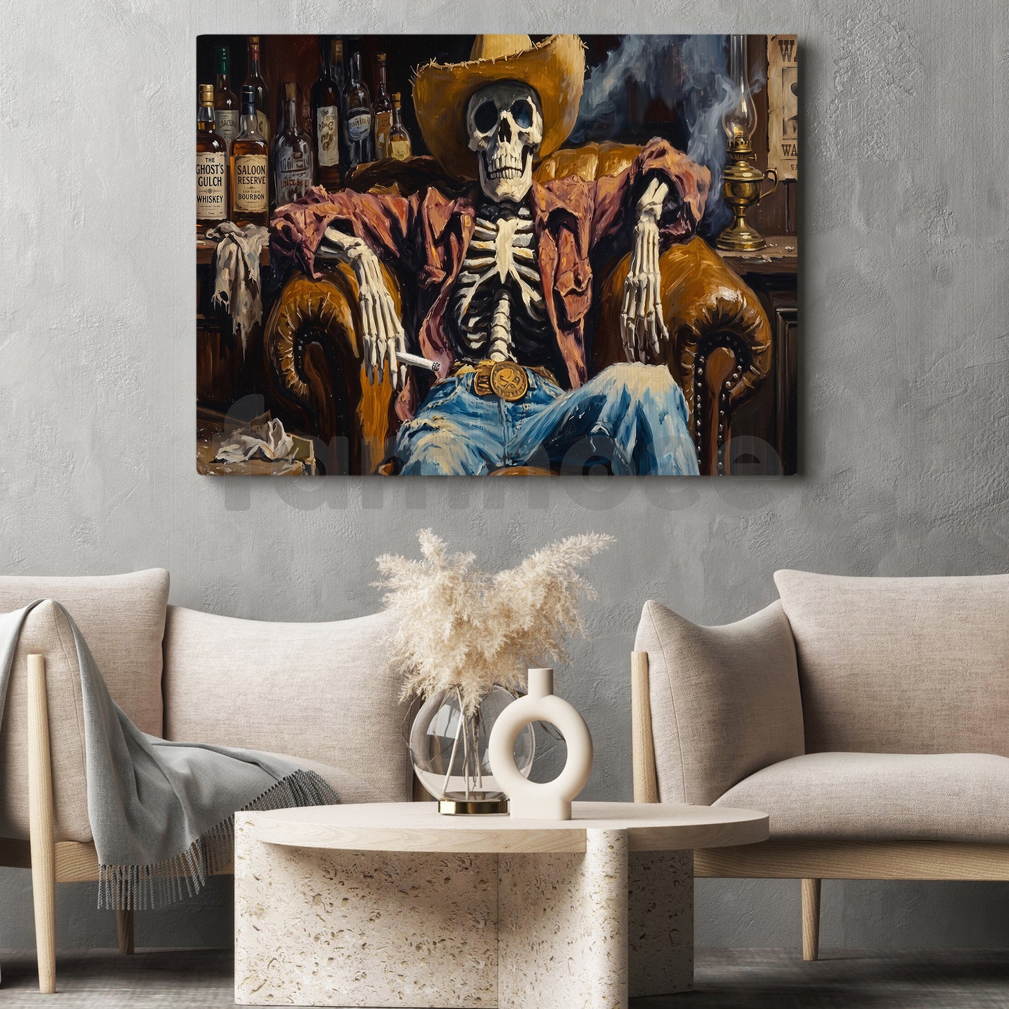 Halloween Cowboy Skeleton Canvas Painting, Western Dead Man’s Saloon Spooky Season Wall Art Decor, Halloween Poster Gift For Cowboys, Skeleton Lover