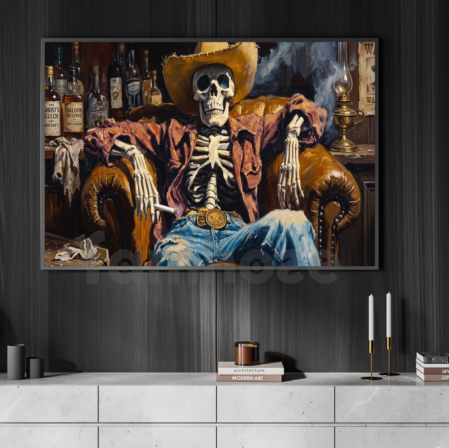 Halloween Cowboy Skeleton Canvas Painting, Western Dead Man’s Saloon Spooky Season Wall Art Decor, Halloween Poster Gift For Cowboys, Skeleton Lover
