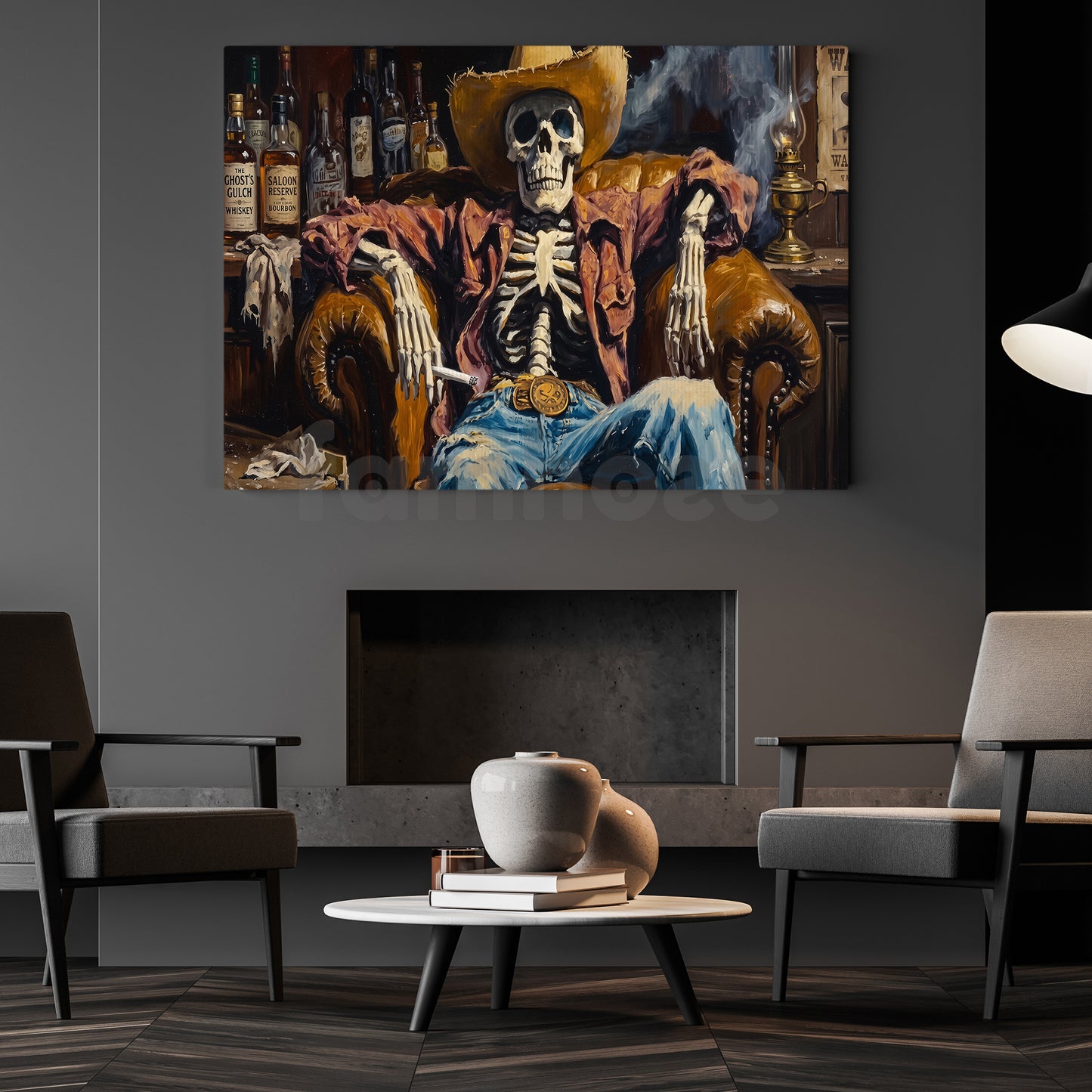 Halloween Cowboy Skeleton Canvas Painting, Western Dead Man’s Saloon Spooky Season Wall Art Decor, Halloween Poster Gift For Cowboys, Skeleton Lover
