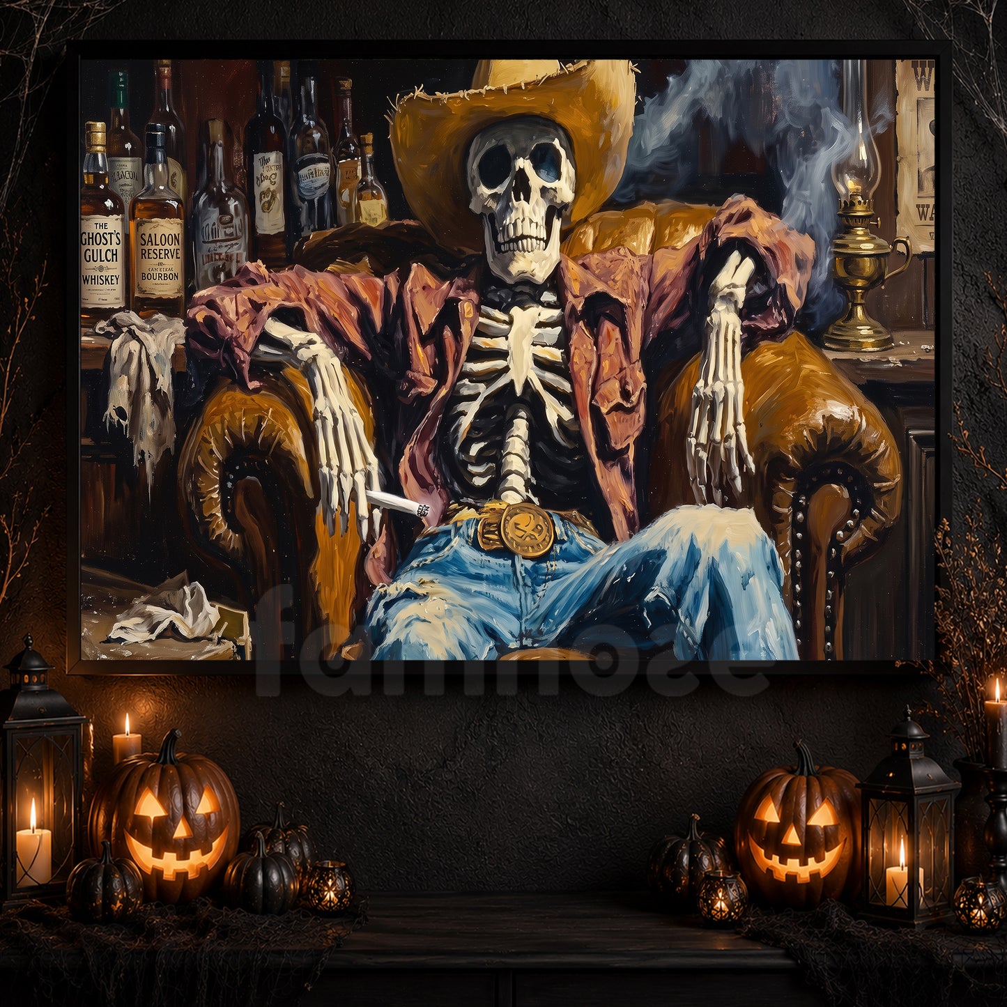 Halloween Cowboy Skeleton Canvas Painting, Western Dead Man’s Saloon Spooky Season Wall Art Decor, Halloween Poster Gift For Cowboys, Skeleton Lover