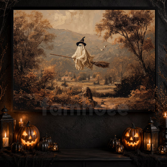 Vintage Halloween Ghost Witch Canvas Painting, Flying Broom Spooky Season Wall Art Decor, Halloween Poster Gift For Ghost Lover