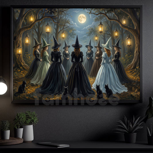 Vintage Halloween Witch Coven Canvas Painting, Moonlit Witches And Black Cats Spooky Season Wall Art Decor, Halloween Poster Gift For Witch Lover