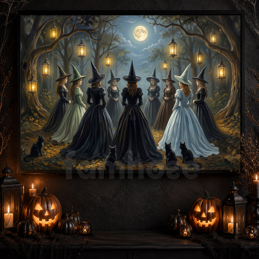 Vintage Halloween Witch Coven Canvas Painting, Moonlit Witches And Black Cats Spooky Season Wall Art Decor, Halloween Poster Gift For Witch Lover