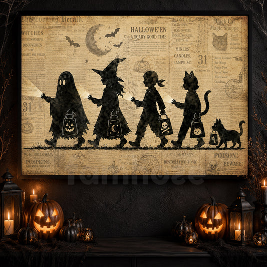 Vintage Halloween Canvas Painting, Trick Or Treat Kids Spooky Season Wall Art Decor, Halloween Poster Gift For Witch Lover