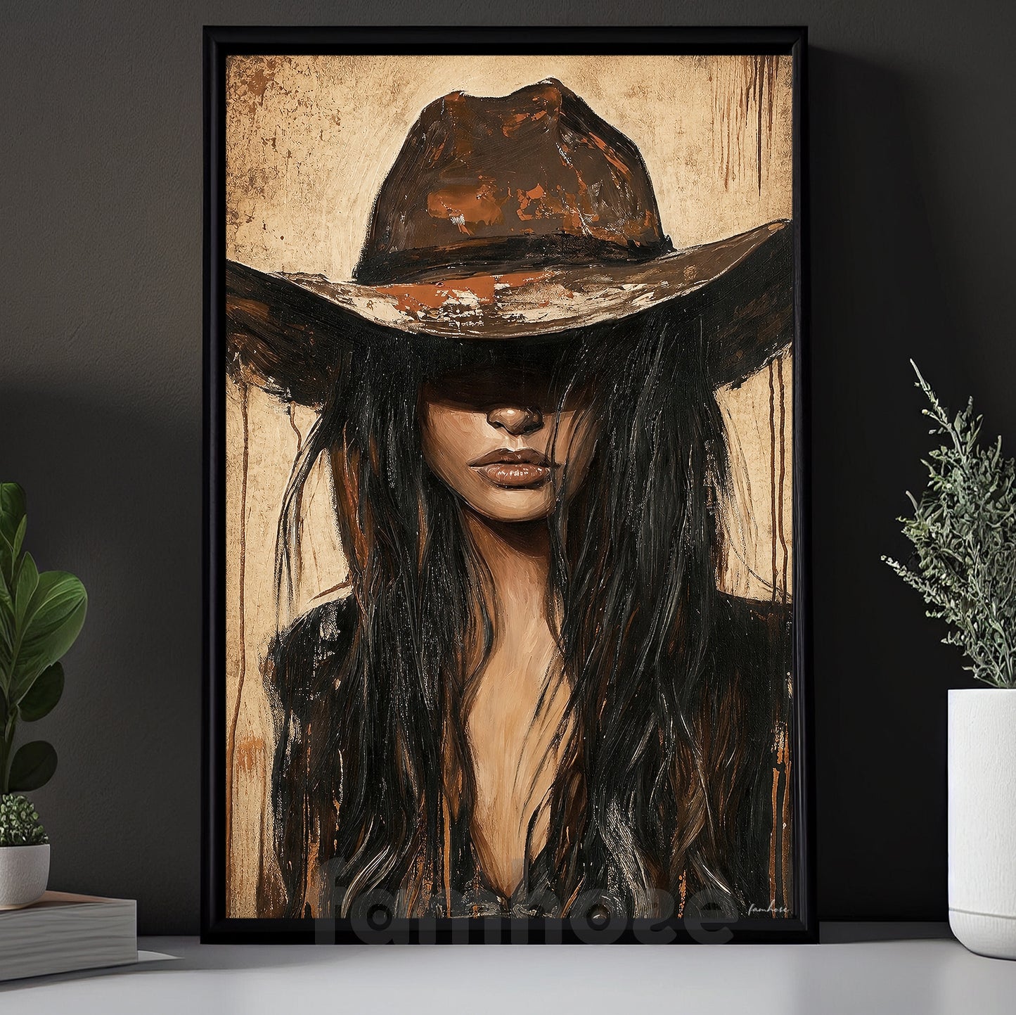 Western Cowgirl Portrait Canvas Painting, Rustic Cowboy Hat Woman Wall Art Decor, Poster Gift For Cowgirls