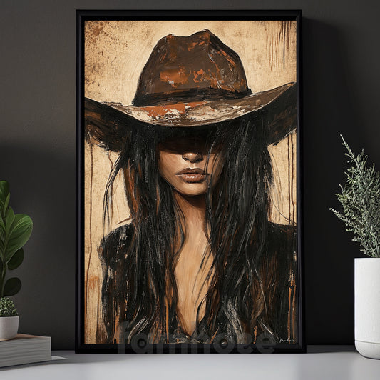 Western Cowgirl Portrait Canvas Painting, Rustic Cowboy Hat Woman Wall Art Decor, Poster Gift For Cowgirls