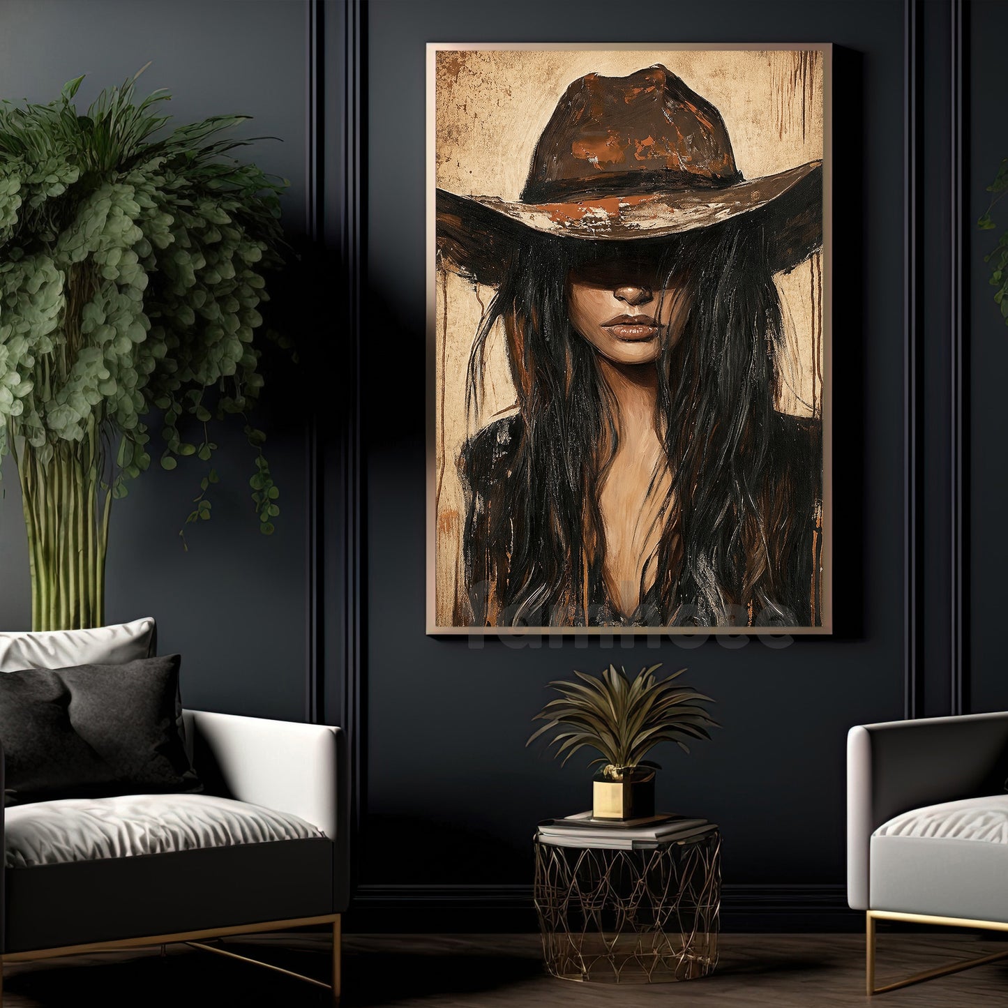 Western Cowgirl Portrait Canvas Painting, Rustic Cowboy Hat Woman Wall Art Decor, Poster Gift For Cowgirls