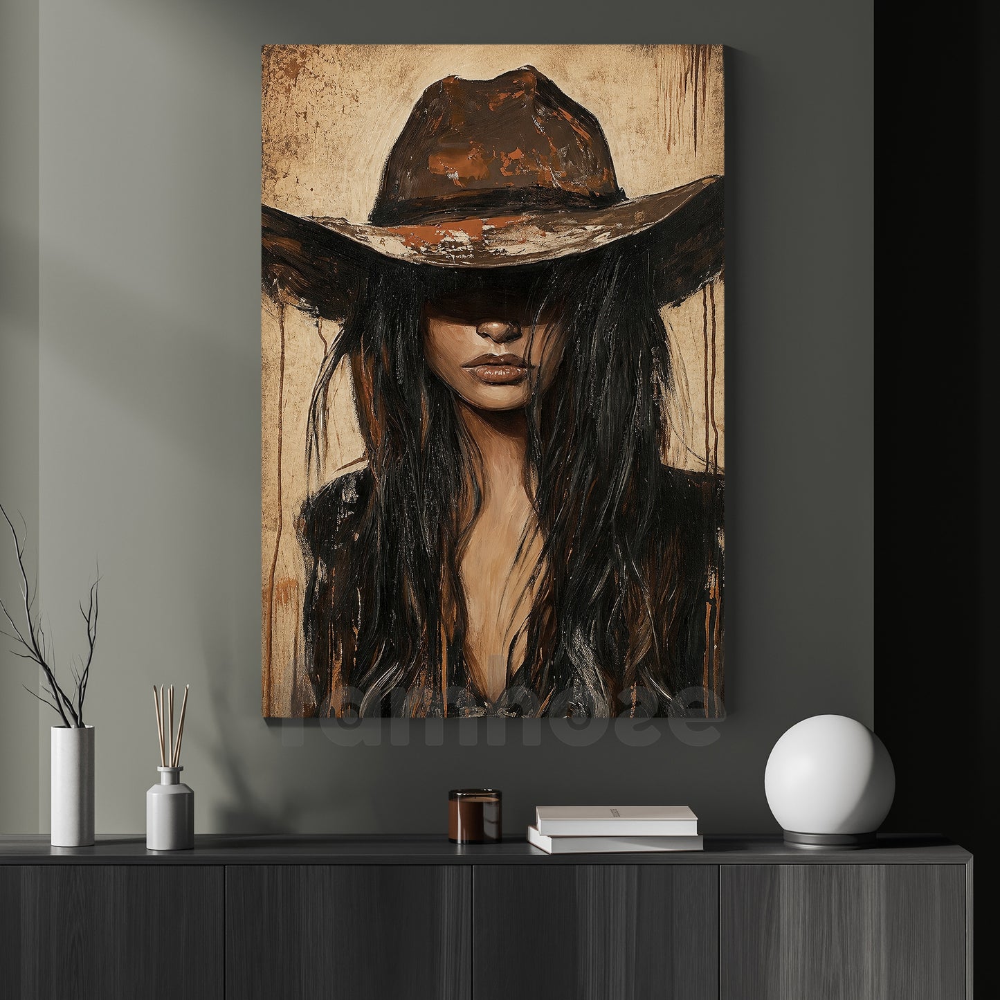 Western Cowgirl Portrait Canvas Painting, Rustic Cowboy Hat Woman Wall Art Decor, Poster Gift For Cowgirls