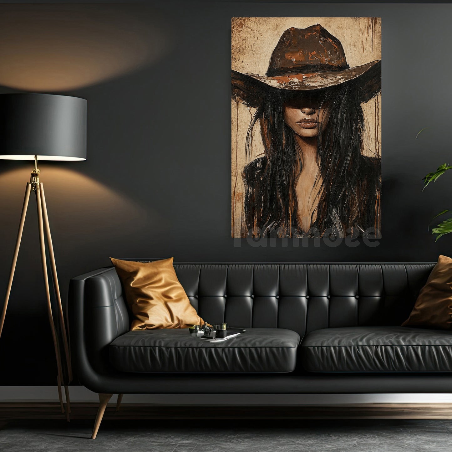 Western Cowgirl Portrait Canvas Painting, Rustic Cowboy Hat Woman Wall Art Decor, Poster Gift For Cowgirls