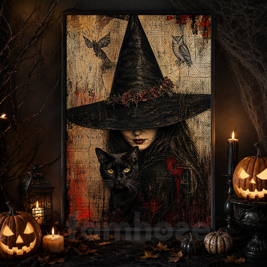 Vintage Halloween Witch And Black Cat Canvas Painting, Keeper Of The Familiar Wall Art Decor, Spooky Season Poster Gift For Witch Lover