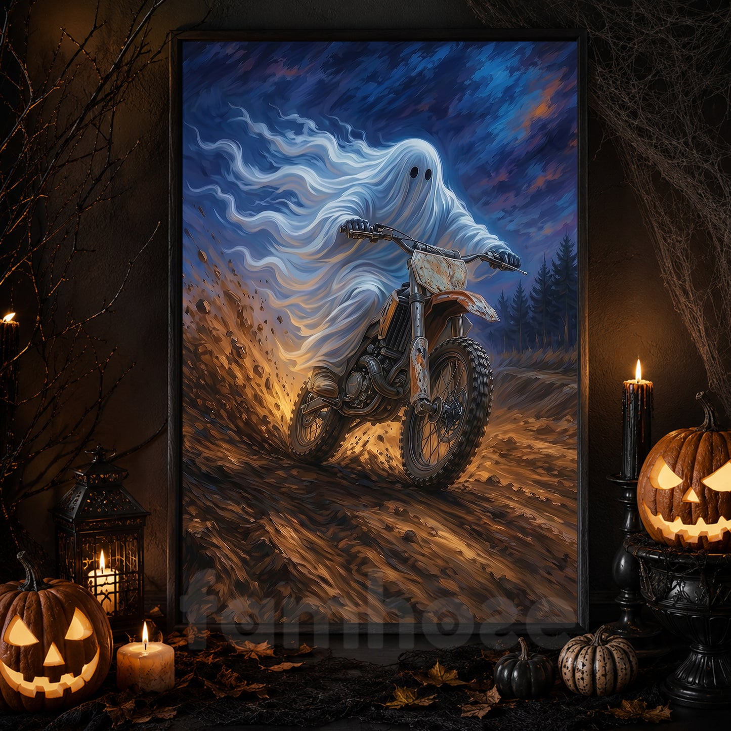 Halloween Ghost Motocross Canvas Painting, Ride Beyond the Grave Wall Art Decor, Spooky Season Poster Gift For Dirt Bike Lover