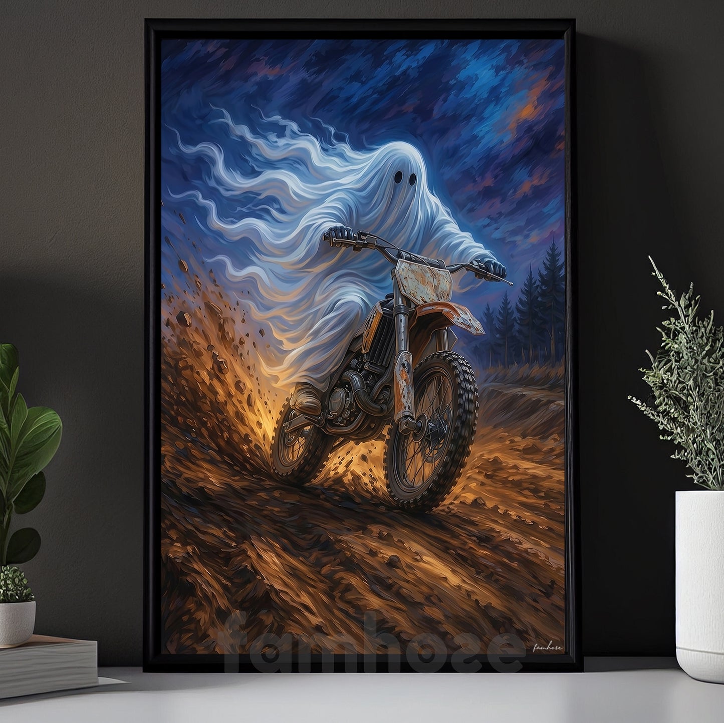 Halloween Ghost Motocross Canvas Painting, Ride Beyond the Grave Wall Art Decor, Spooky Season Poster Gift For Dirt Bike Lover