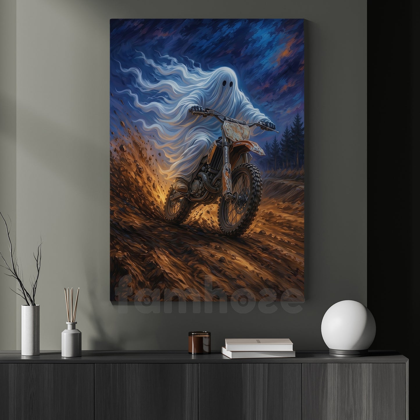 Halloween Ghost Motocross Canvas Painting, Ride Beyond the Grave Wall Art Decor, Spooky Season Poster Gift For Dirt Bike Lover