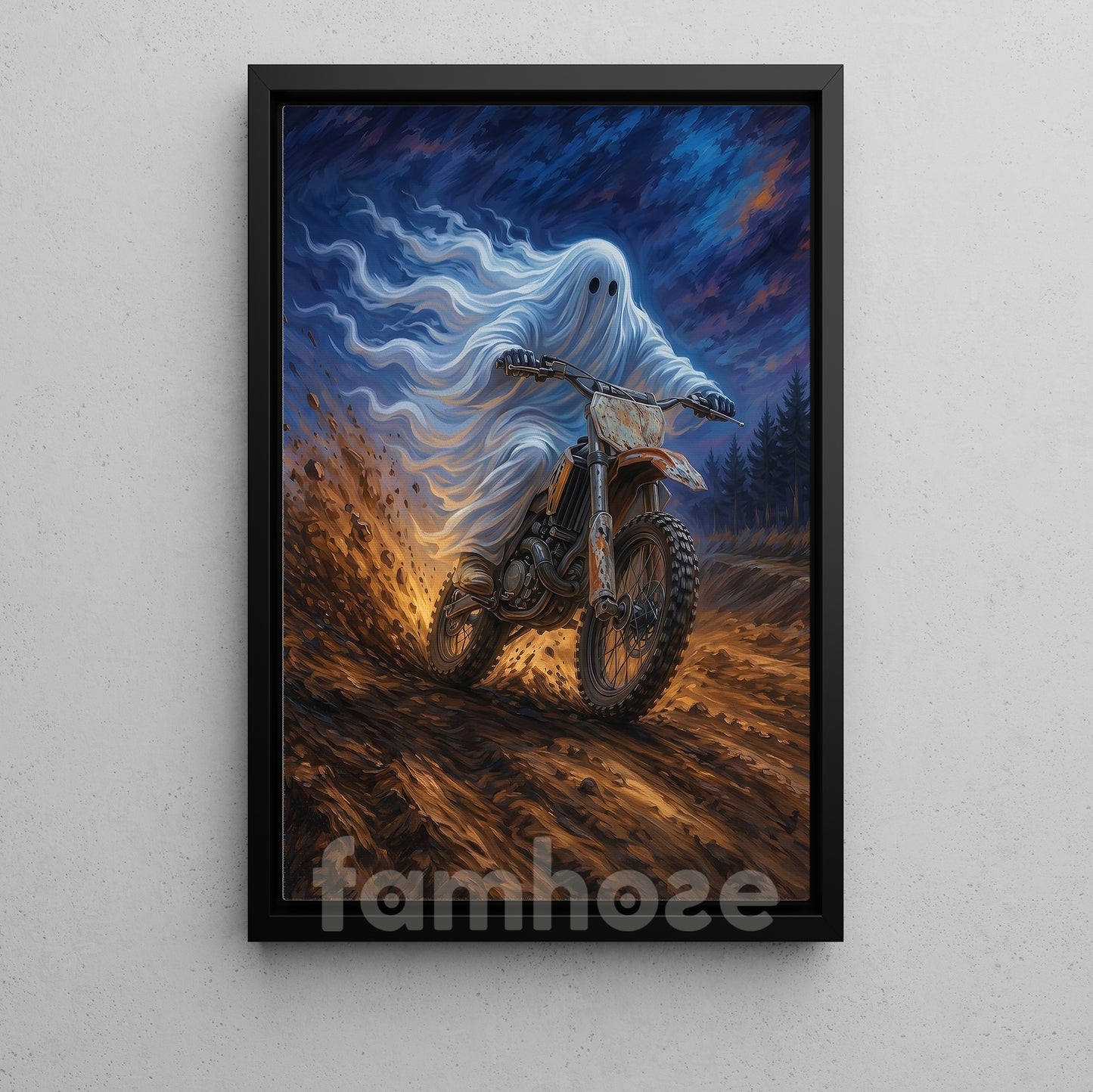 Halloween Ghost Motocross Canvas Painting, Ride Beyond the Grave Wall Art Decor, Spooky Season Poster Gift For Dirt Bike Lover