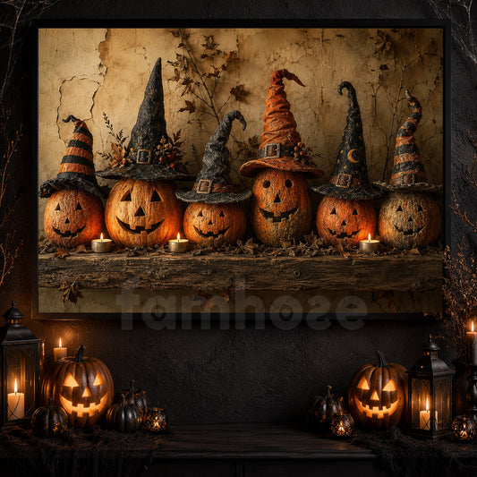 Halloween Pumpkins Canvas Painting, Witch Hat Jack O Lantern Spooky Season Wall Art Decor, Halloween Poster Gift For Pumpkins Lover
