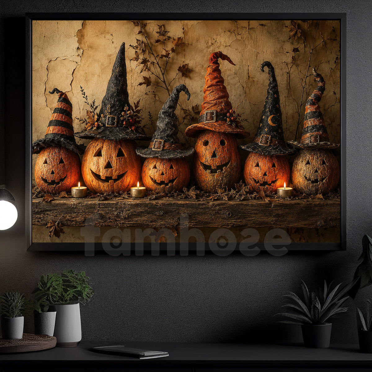Halloween Pumpkins Canvas Painting, Witch Hat Jack O Lantern Spooky Season Wall Art Decor, Halloween Poster Gift For Pumpkins Lover