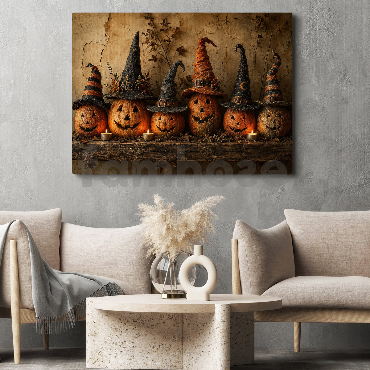 Halloween Pumpkins Canvas Painting, Witch Hat Jack O Lantern Spooky Season Wall Art Decor, Halloween Poster Gift For Pumpkins Lover