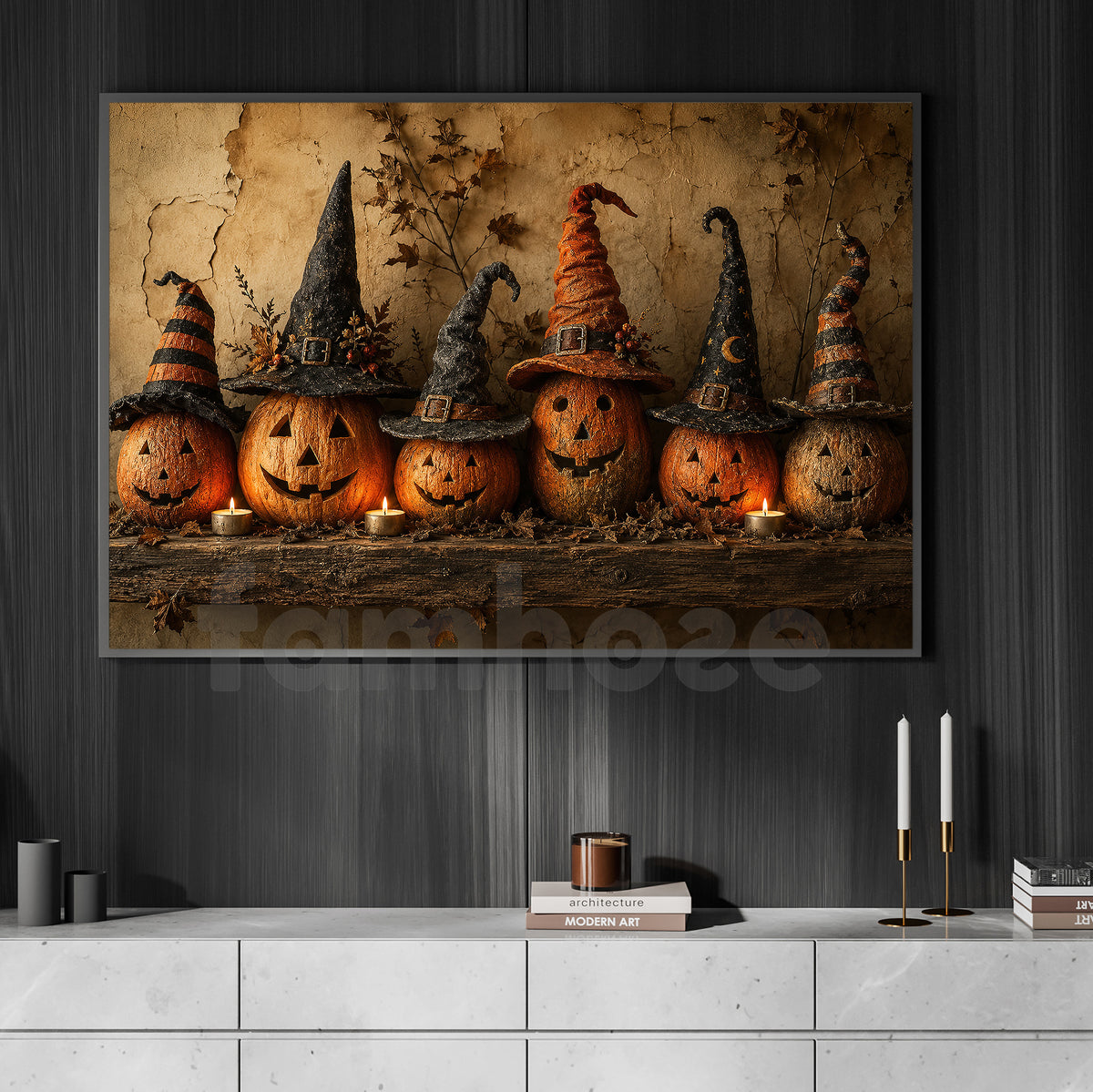 Halloween Pumpkins Canvas Painting, Witch Hat Jack O Lantern Spooky Season Wall Art Decor, Halloween Poster Gift For Pumpkins Lover