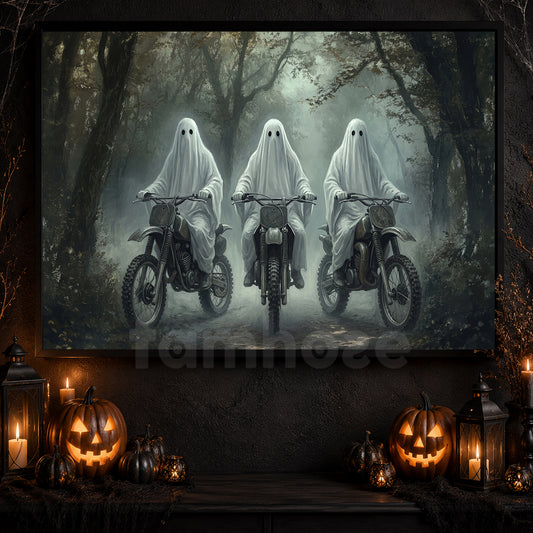 Halloween Ghost Riding Motocross Canvas Painting, Ghost Riders Never Die Wall Art Decor, Spooky Season Poster Gift For Dirt Bike Lover