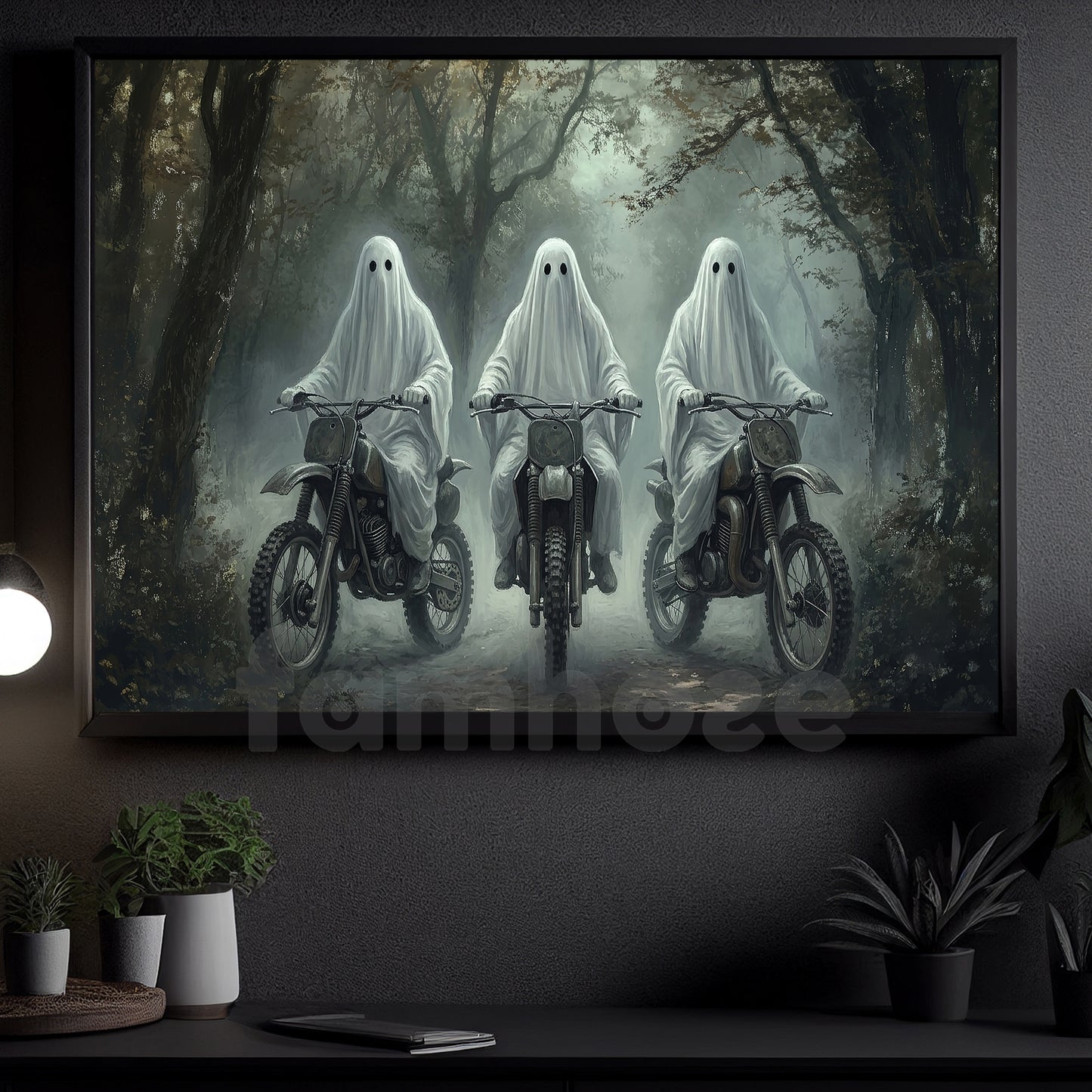 Halloween Ghost Riding Motocross Canvas Painting, Ghost Riders Never Die Wall Art Decor, Spooky Season Poster Gift For Dirt Bike Lover