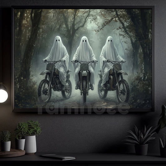 Halloween Ghost Riding Motocross Canvas Painting, Ghost Riders Never Die Wall Art Decor, Spooky Season Poster Gift For Dirt Bike Lover
