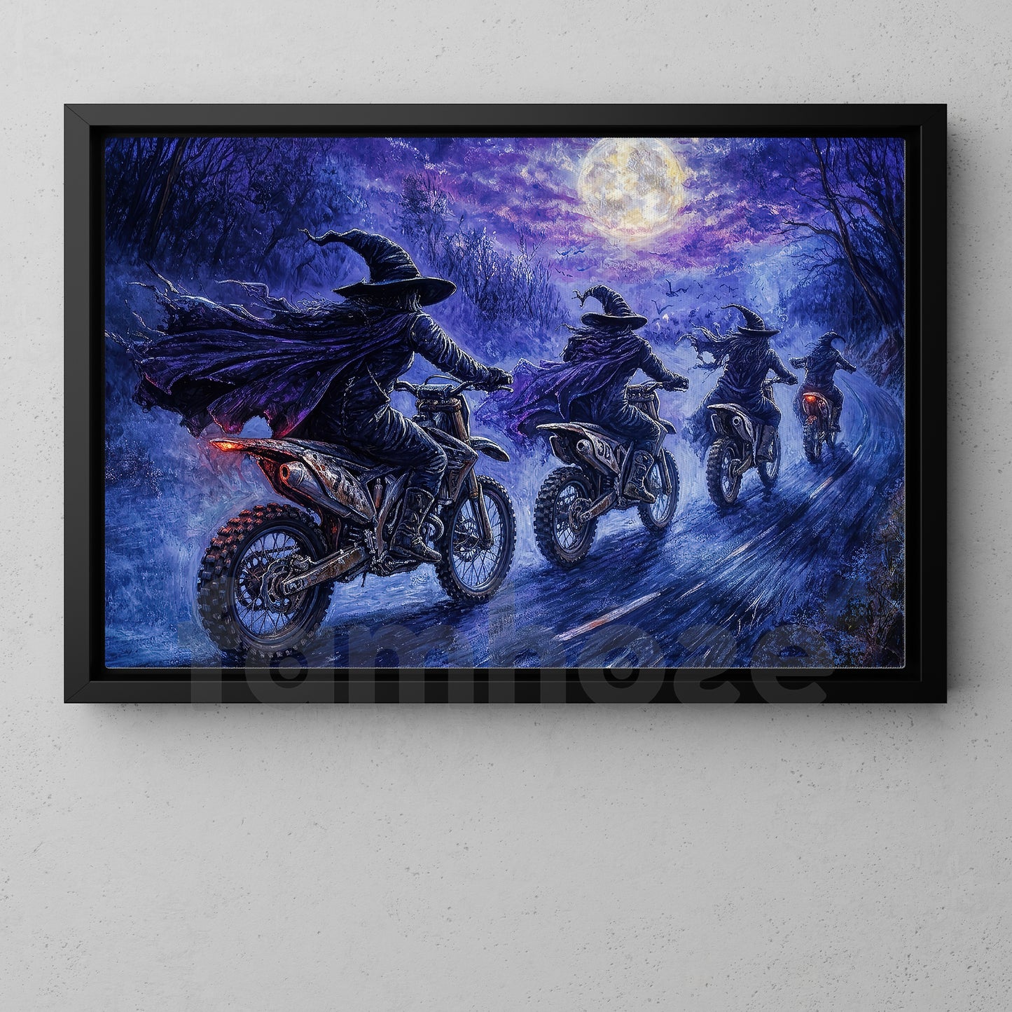 Halloween Witch Motocross Canvas Painting, Witches Ride After Midnight Wall Art Decor, Spooky Season Poster Gift For Dirt Bike Lover