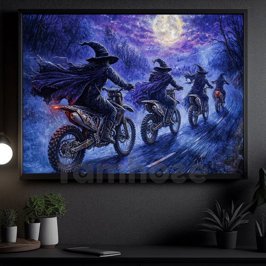 Halloween Witch Motocross Canvas Painting, Witches Ride After Midnight Wall Art Decor, Spooky Season Poster Gift For Dirt Bike Lover