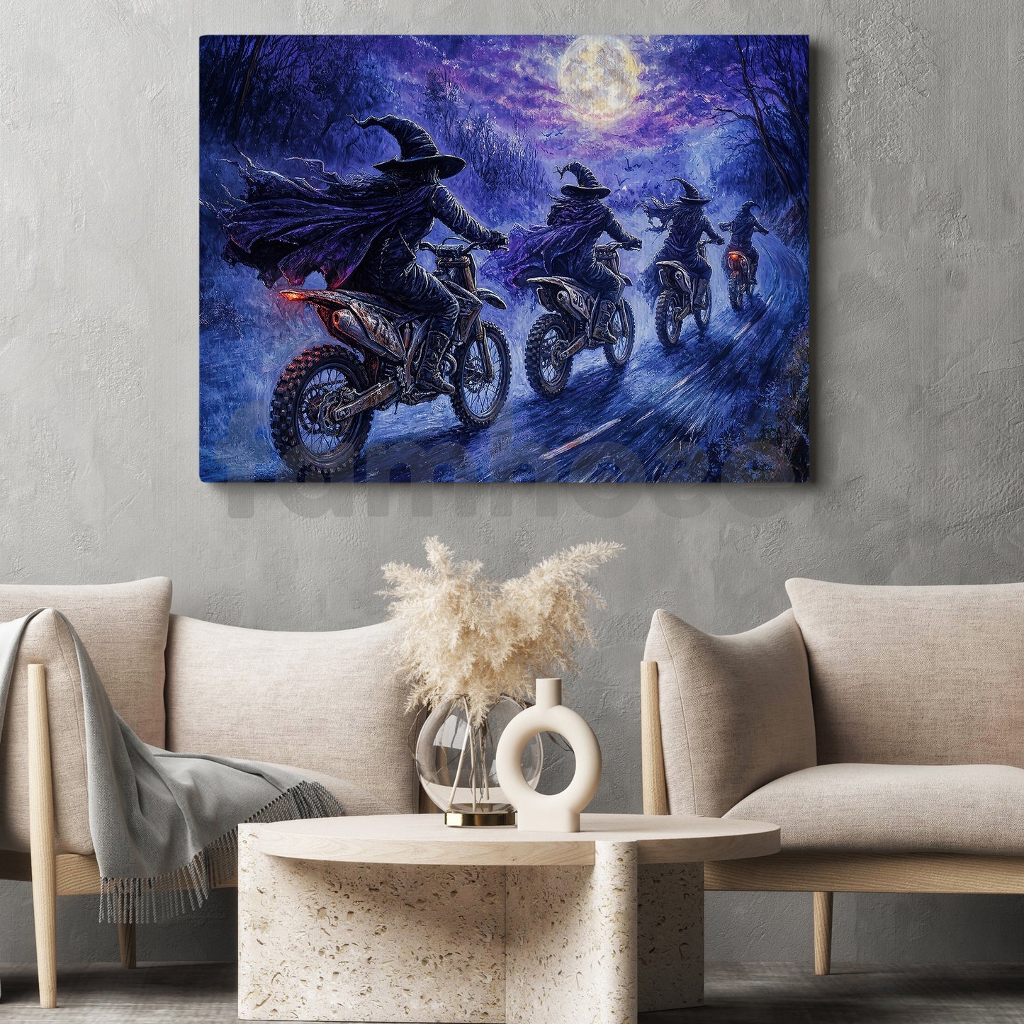 Halloween Witch Motocross Canvas Painting, Witches Ride After Midnight Wall Art Decor, Spooky Season Poster Gift For Dirt Bike Lover