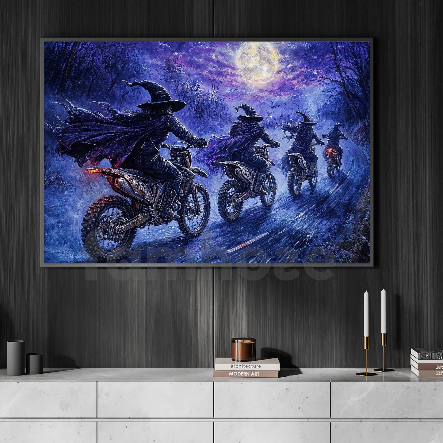 Halloween Witch Motocross Canvas Painting, Witches Ride After Midnight Wall Art Decor, Spooky Season Poster Gift For Dirt Bike Lover