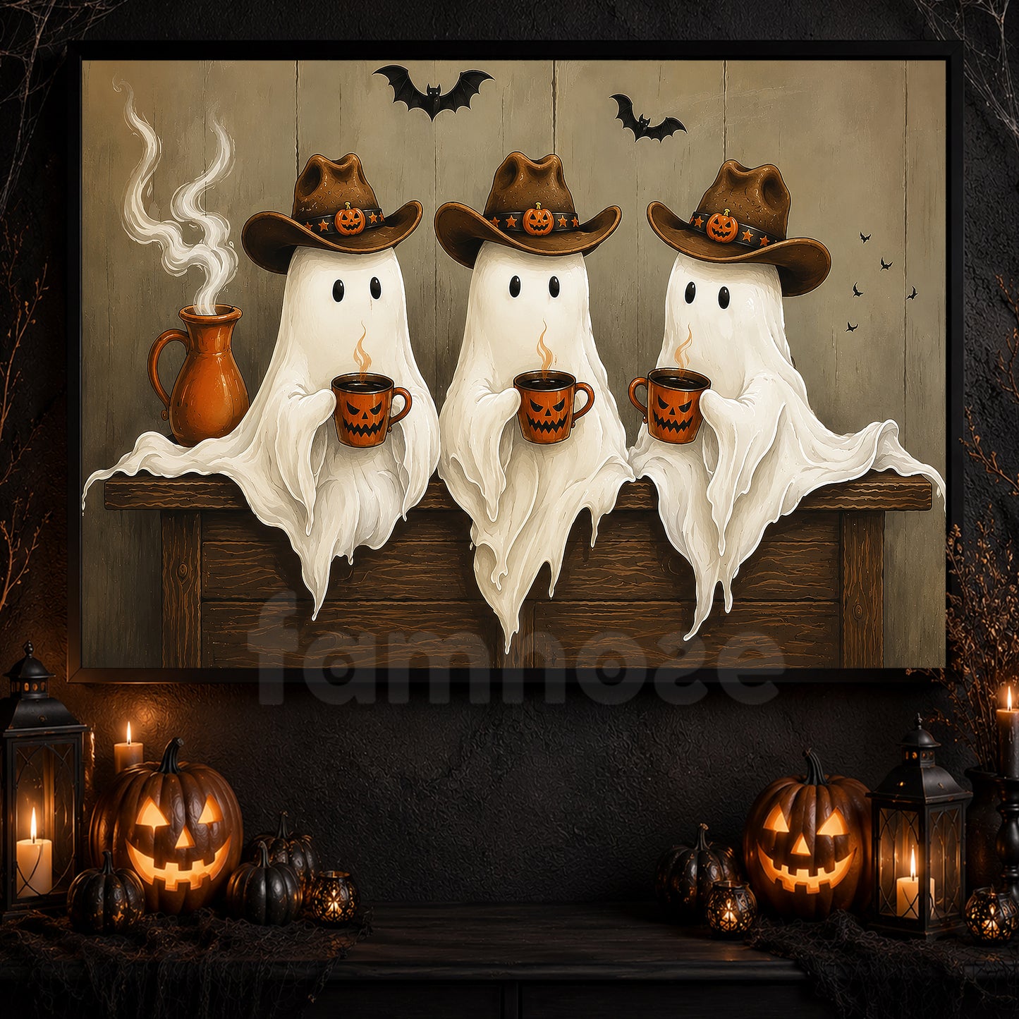 Halloween Cowboy Ghost Canvas Painting, Coffee, Cowboys & Boo’s Cute Wall Art Decor, Spooky Season Poster Gift For Cowboys