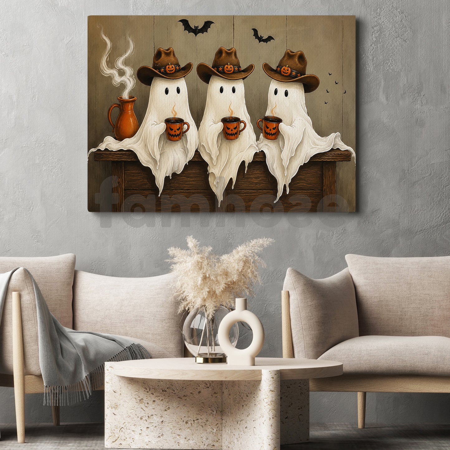 Halloween Cowboy Ghost Canvas Painting, Coffee, Cowboys & Boo’s Cute Wall Art Decor, Spooky Season Poster Gift For Cowboys