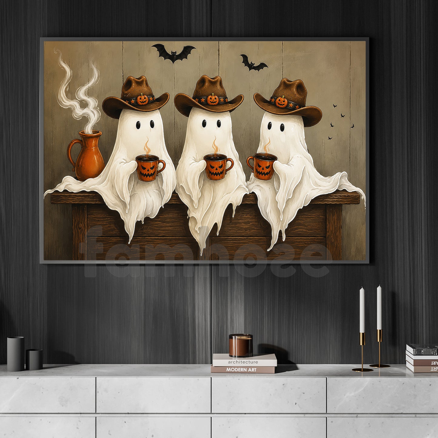 Halloween Cowboy Ghost Canvas Painting, Coffee, Cowboys & Boo’s Cute Wall Art Decor, Spooky Season Poster Gift For Cowboys