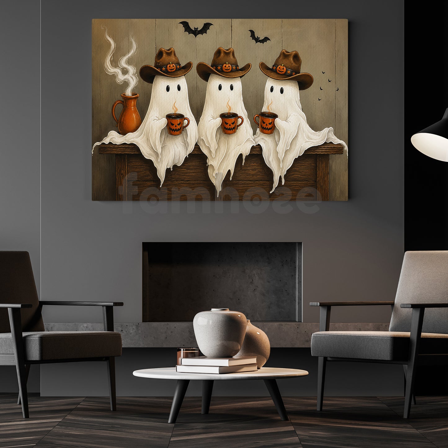 Halloween Cowboy Ghost Canvas Painting, Coffee, Cowboys & Boo’s Cute Wall Art Decor, Spooky Season Poster Gift For Cowboys