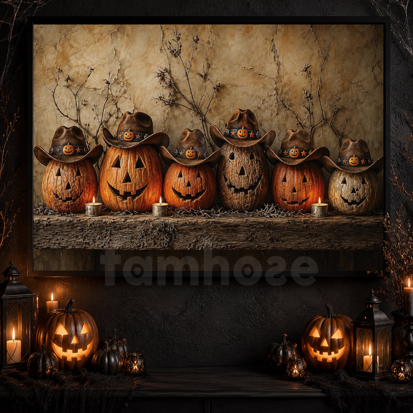Halloween Cowboy Pumpkins Canvas Painting, Jack O Lantern Western Wall Art Decor, Spooky Season Poster Gift For Cowboys, Pumpkins Lover