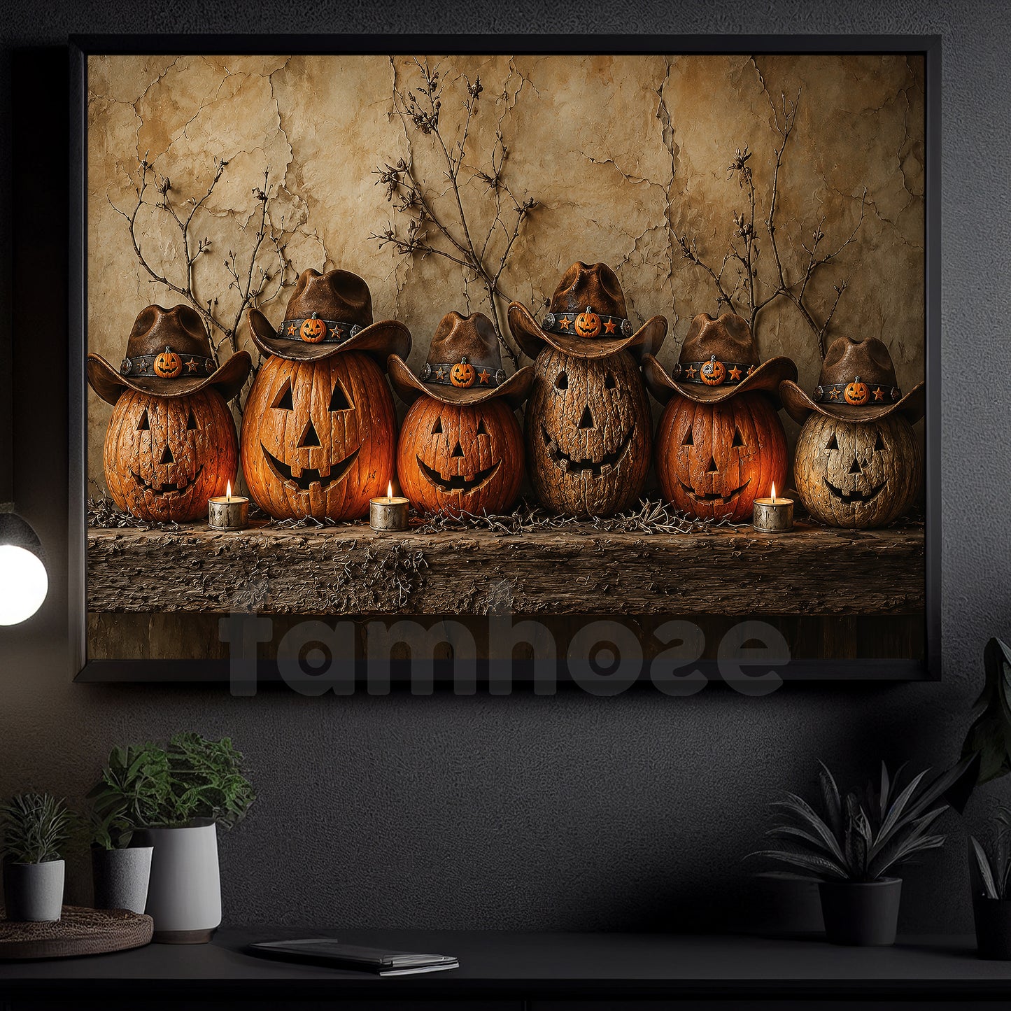 Halloween Cowboy Pumpkins Canvas Painting, Jack O Lantern Western Wall Art Decor, Spooky Season Poster Gift For Cowboys, Pumpkins Lover