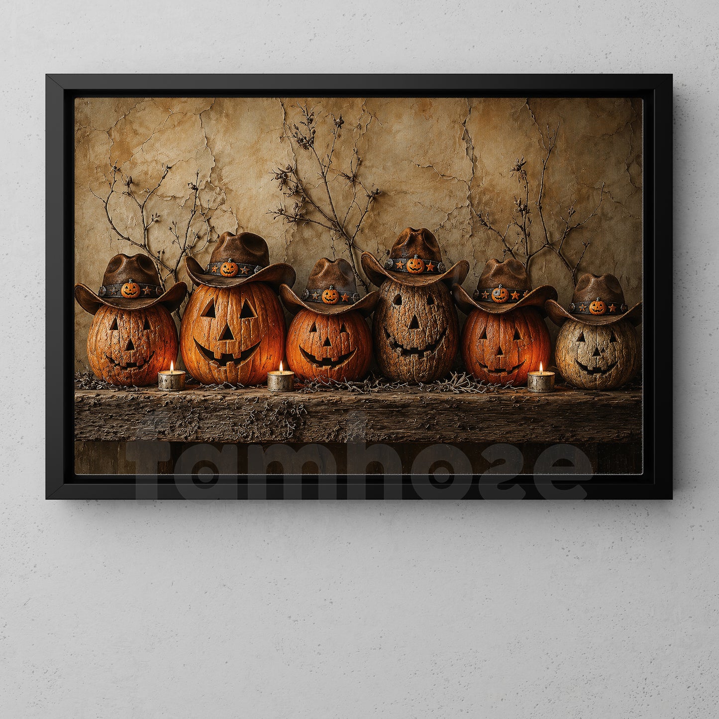 Halloween Cowboy Pumpkins Canvas Painting, Jack O Lantern Western Wall Art Decor, Spooky Season Poster Gift For Cowboys, Pumpkins Lover
