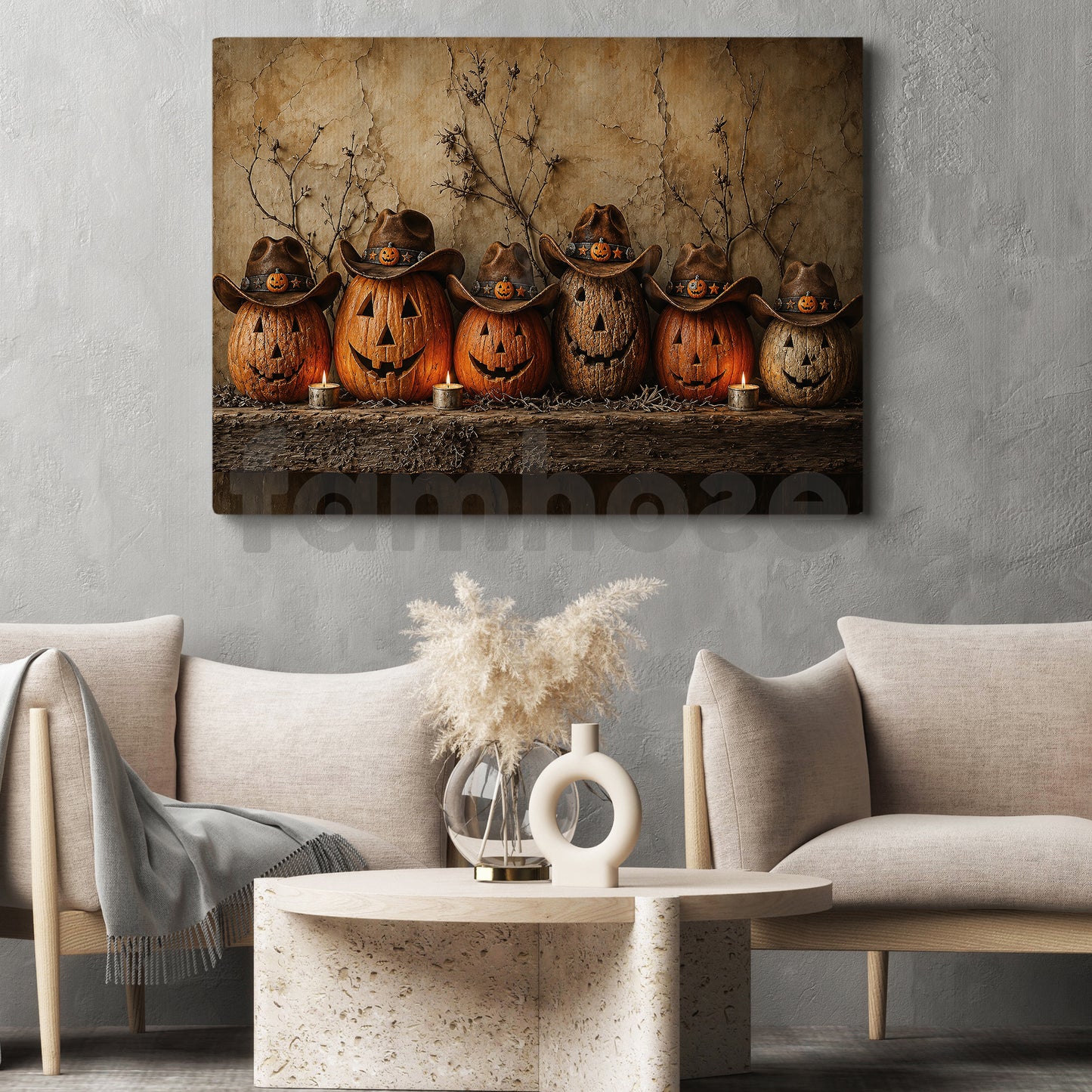 Halloween Cowboy Pumpkins Canvas Painting, Jack O Lantern Western Wall Art Decor, Spooky Season Poster Gift For Cowboys, Pumpkins Lover